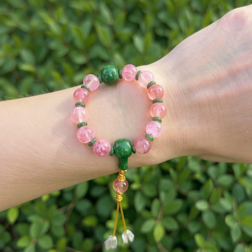 18-Bead Pink Chalcedony Bracelet | Temple-Inspired Design for Positive Energy & Romantic Charm