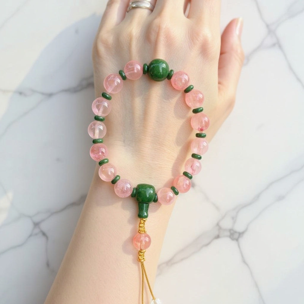 18-Bead Pink Chalcedony Bracelet | Temple-Inspired Design for Positive Energy & Romantic Charm
