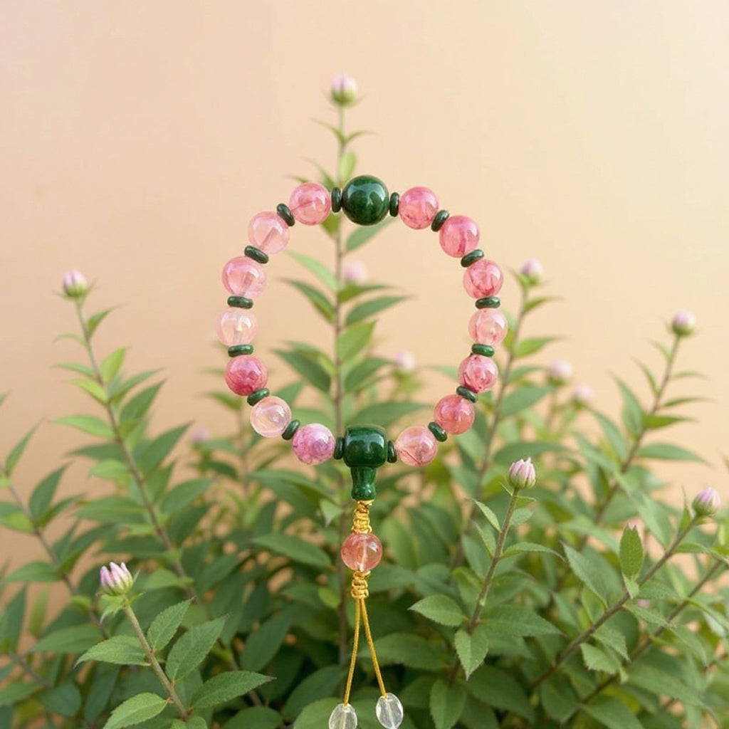 18-Bead Pink Chalcedony Bracelet | Temple-Inspired Design for Positive Energy & Romantic Charm