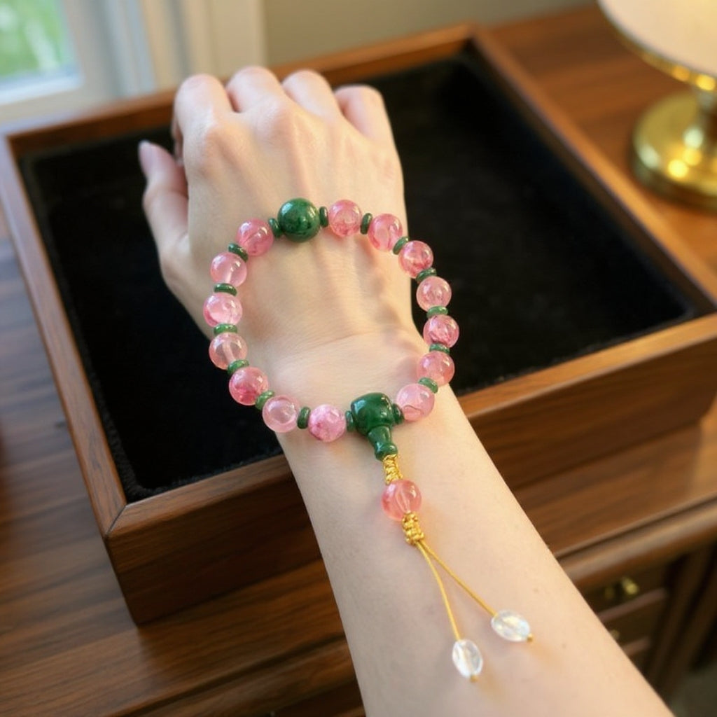 18-Bead Pink Chalcedony Bracelet | Temple-Inspired Design for Positive Energy & Romantic Charm