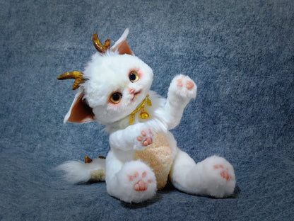 Handmade Gold Foil Glass Dragon Plush | Cute Little吞吞兽 (Xiao Long Ren) Stuffed Animal with Gold Horns & Lucky Bell - Collectible Furry Companion