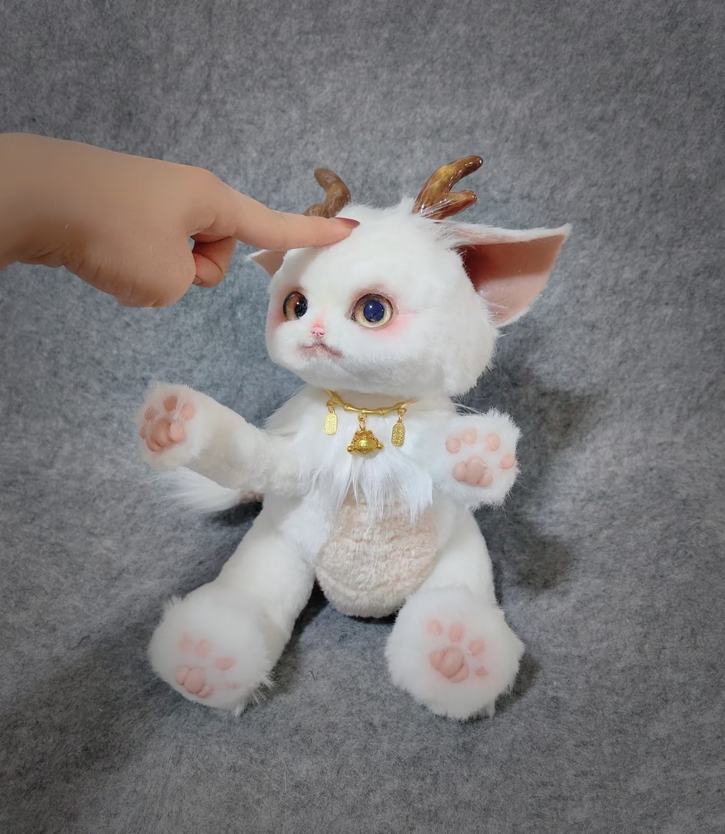 Handmade Gold Foil Glass Dragon Plush | Cute Little吞吞兽 (Xiao Long Ren) Stuffed Animal with Gold Horns & Lucky Bell - Collectible Furry Companion