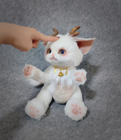 Handmade Gold Foil Glass Dragon Plush | Cute Little吞吞兽 (Xiao Long Ren) Stuffed Animal with Gold Horns & Lucky Bell - Collectible Furry Companion