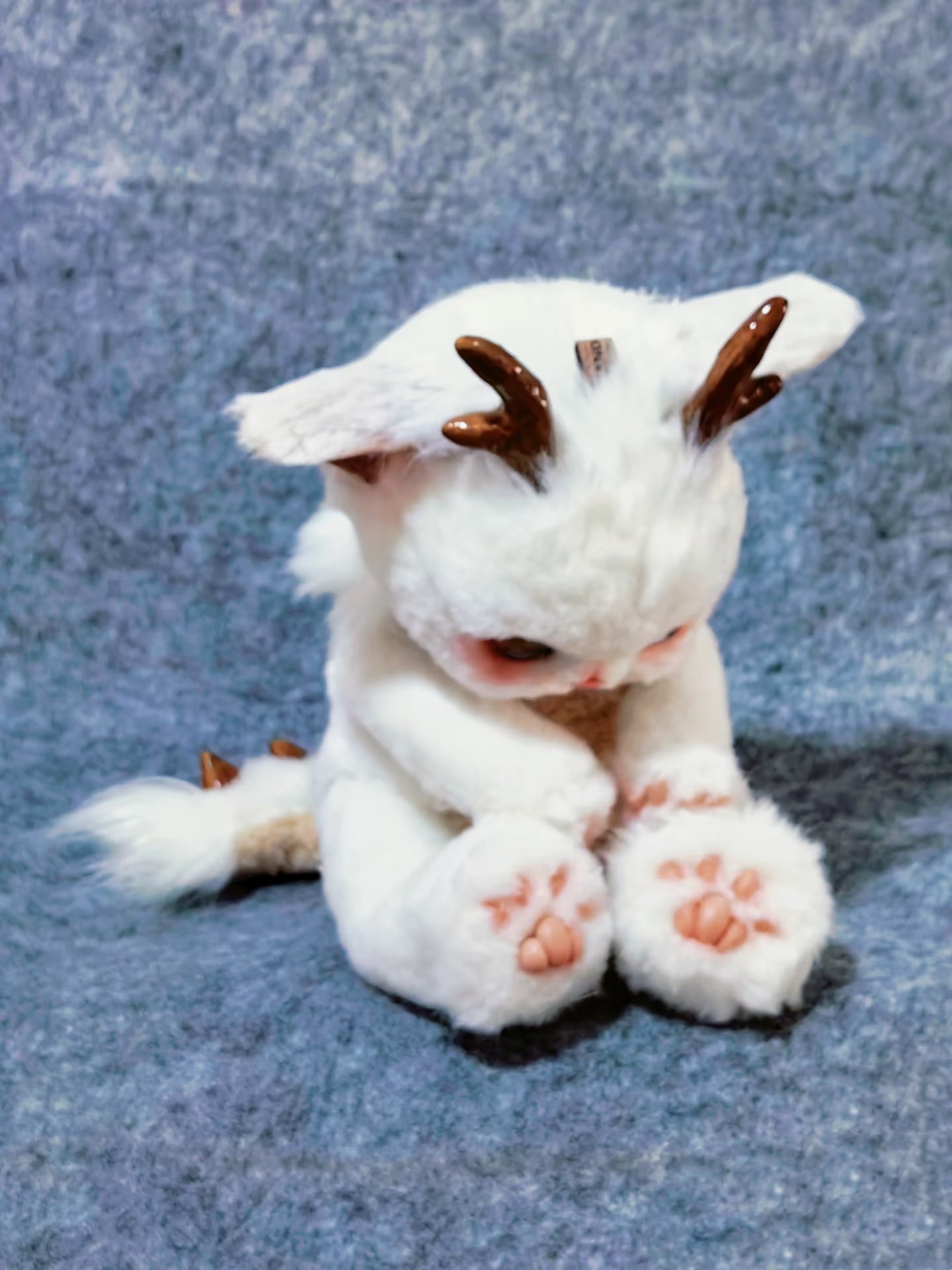 Handmade Gold Foil Glass Dragon Plush | Cute Little吞吞兽 (Xiao Long Ren) Stuffed Animal with Gold Horns & Lucky Bell - Collectible Furry Companion