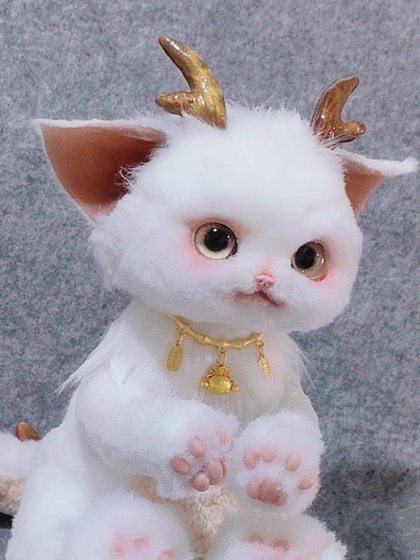 Handmade Gold Foil Glass Dragon Plush | Cute Little吞吞兽 (Xiao Long Ren) Stuffed Animal with Gold Horns & Lucky Bell - Collectible Furry Companion