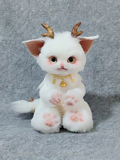 Handmade Gold Foil Glass Dragon Plush | Cute Little吞吞兽 (Xiao Long Ren) Stuffed Animal with Gold Horns & Lucky Bell - Collectible Furry Companion
