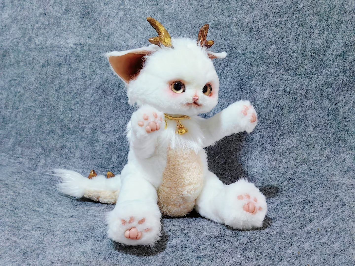 Handmade Gold Foil Glass Dragon Plush | Cute Little吞吞兽 (Xiao Long Ren) Stuffed Animal with Gold Horns & Lucky Bell - Collectible Furry Companion