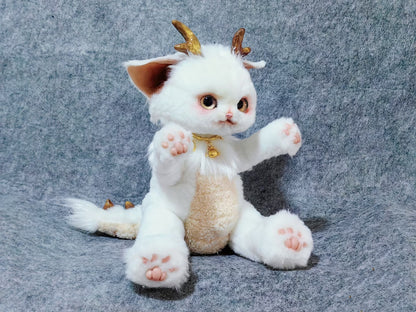 Handmade Gold Foil Glass Dragon Plush | Cute Little吞吞兽 (Xiao Long Ren) Stuffed Animal with Gold Horns & Lucky Bell - Collectible Furry Companion