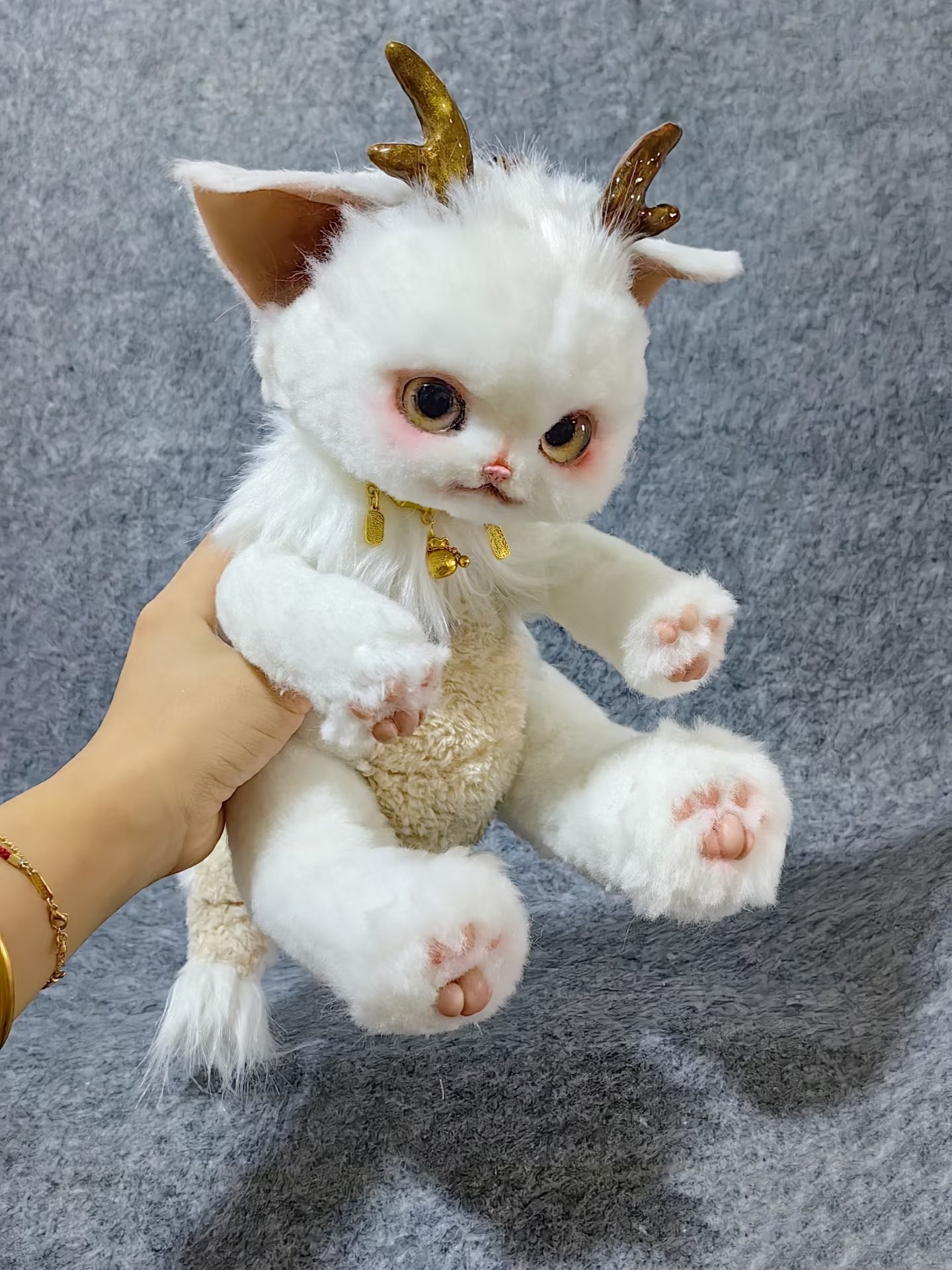 Handmade Gold Foil Glass Dragon Plush | Cute Little吞吞兽 (Xiao Long Ren) Stuffed Animal with Gold Horns & Lucky Bell - Collectible Furry Companion