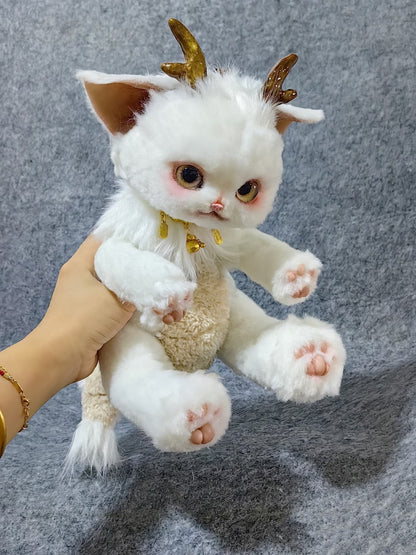 Handmade Gold Foil Glass Dragon Plush | Cute Little吞吞兽 (Xiao Long Ren) Stuffed Animal with Gold Horns & Lucky Bell - Collectible Furry Companion