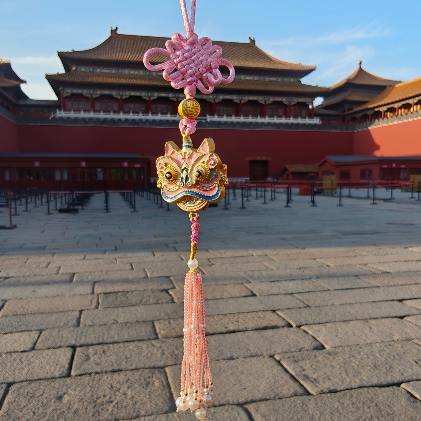 Palace-Inspired Lion Dance Car Hanging Ornament | Traditional Folk Art for Positive Energy & Good Fortune (Pink/Red)