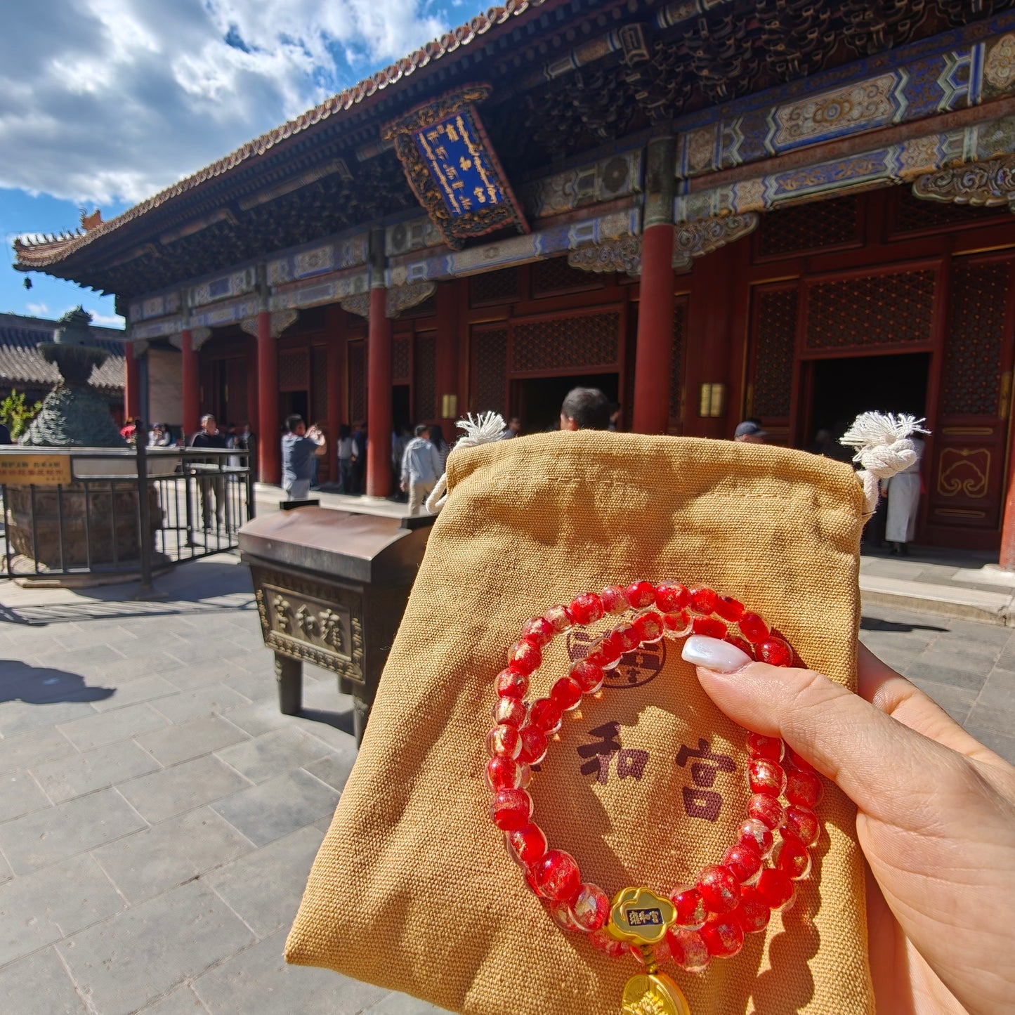 8.5mm Gold Foil Glass Double-Wrap Bracelet | Temple-Inspired for Calm & Positive Energy (Purple/Red)