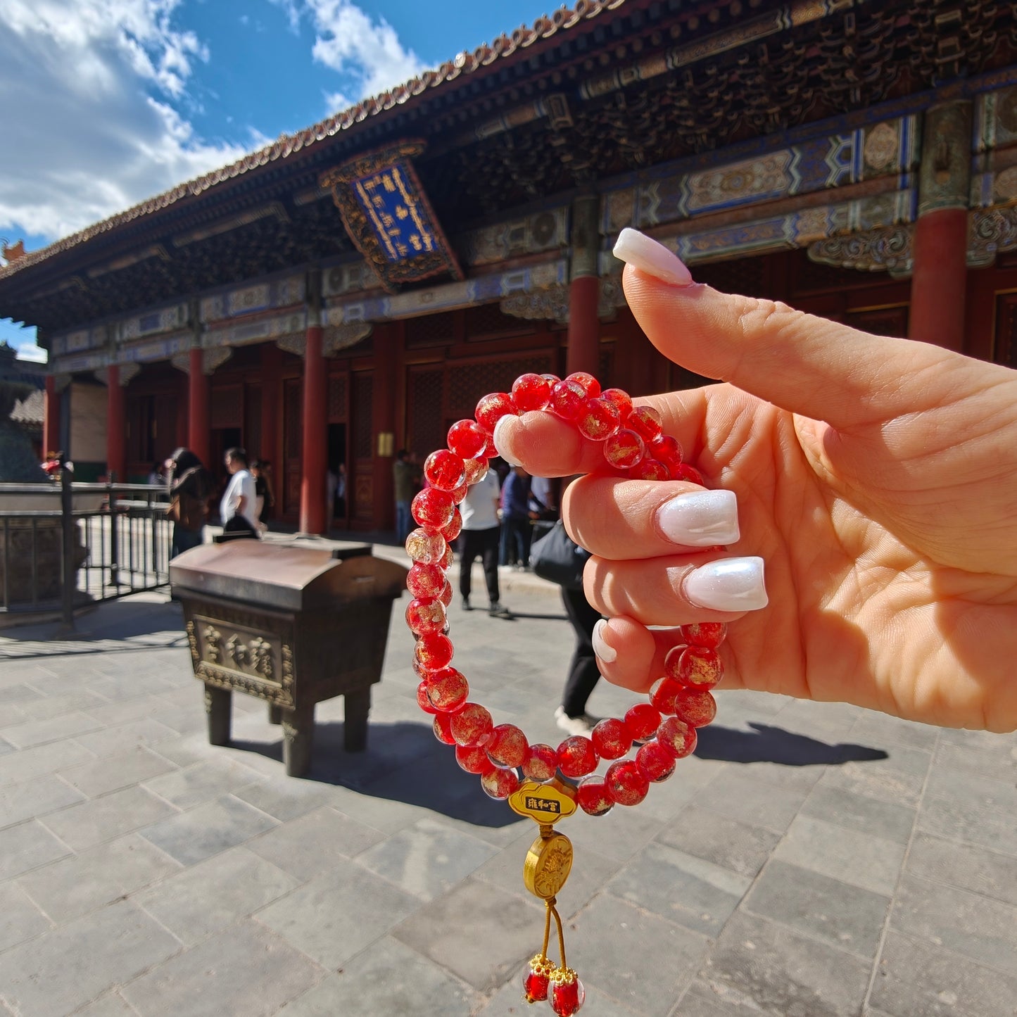 8.5mm Gold Foil Glass Double-Wrap Bracelet | Temple-Inspired for Calm & Positive Energy (Purple/Red)