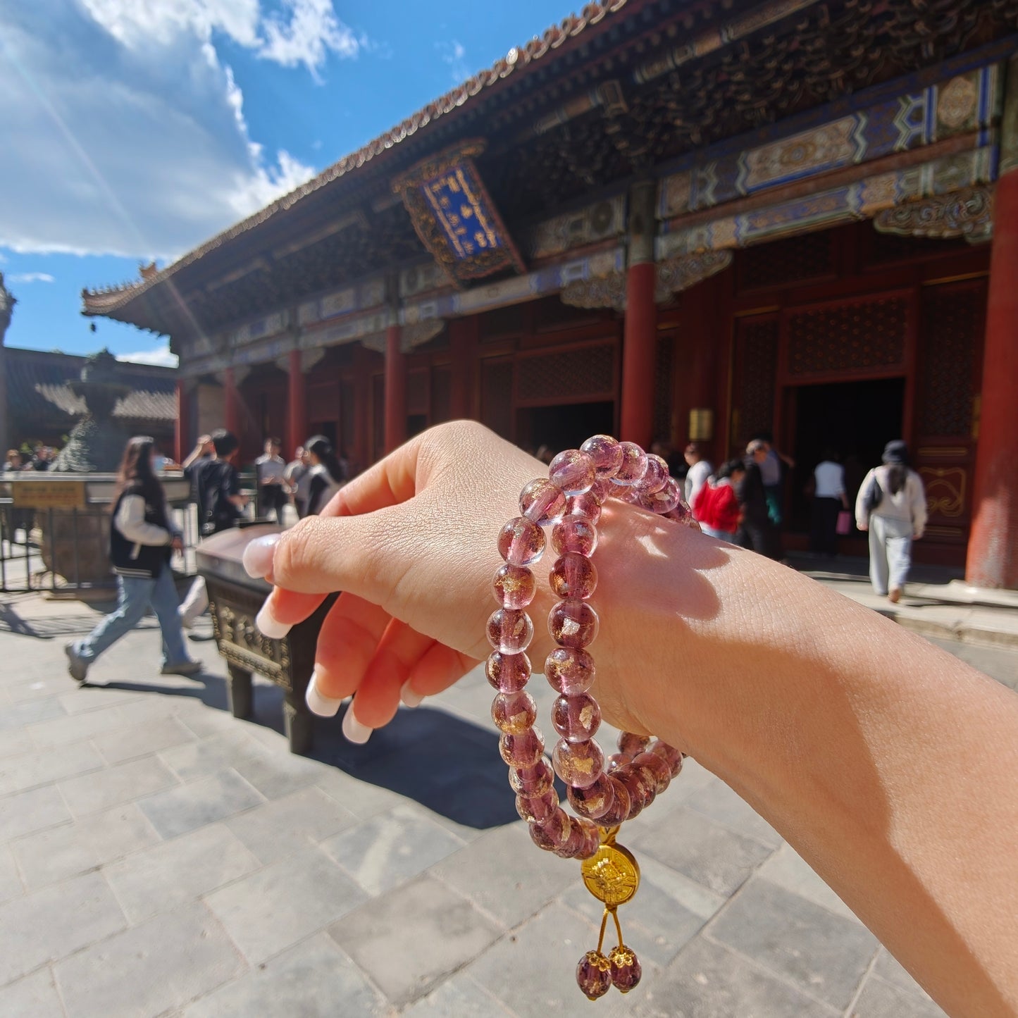 8.5mm Gold Foil Glass Double-Wrap Bracelet | Temple-Inspired for Calm & Positive Energy (Purple/Red)