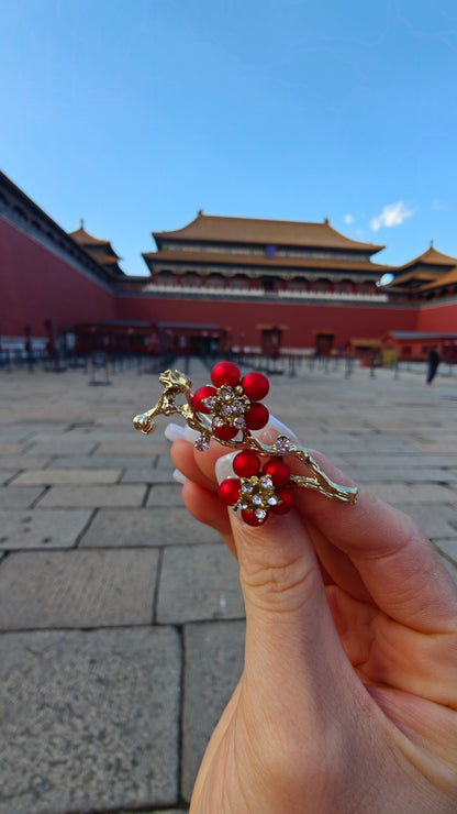 Red Plum Blossom Brooch | Palace-Inspired Floral Design for Positive Energy & Resilience