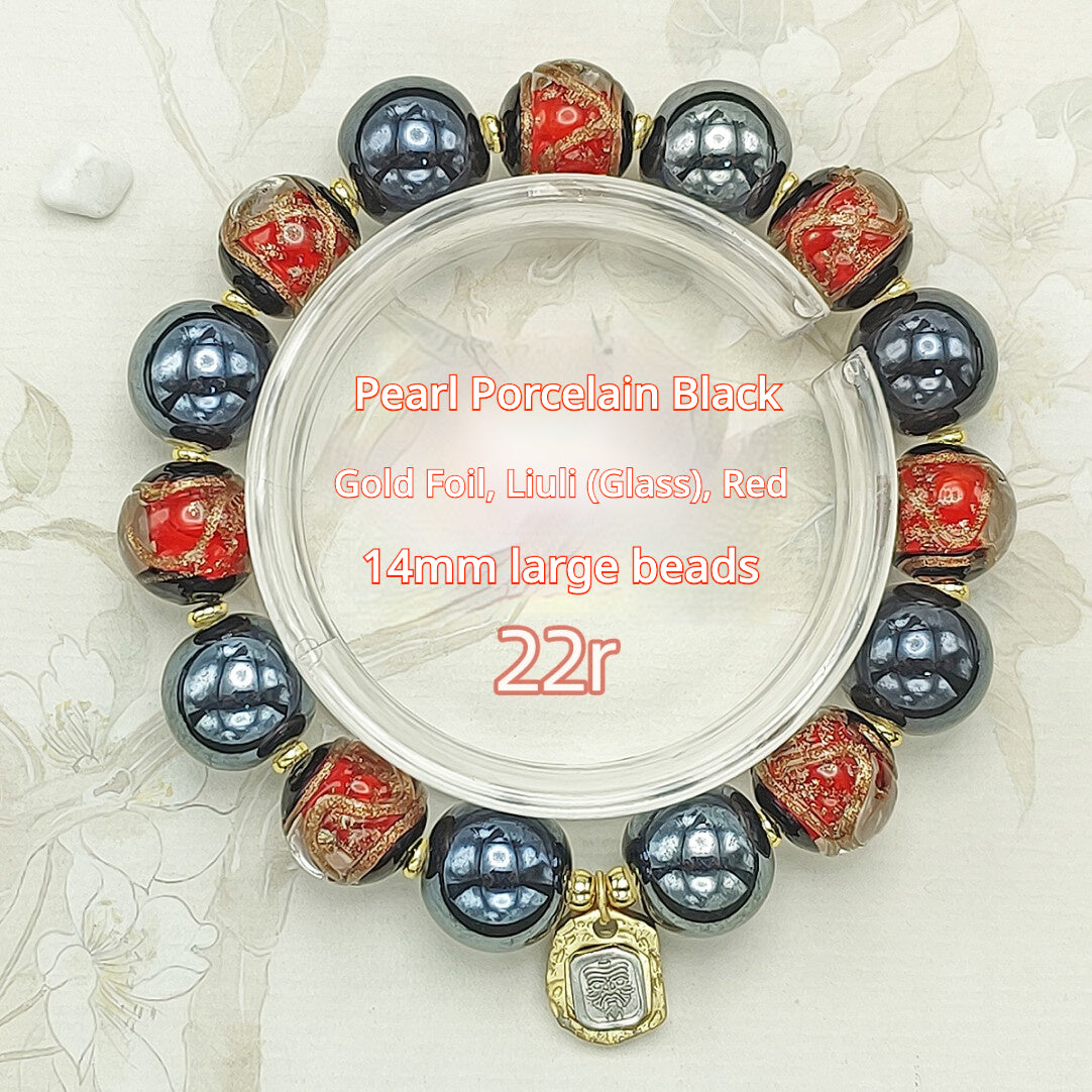 Beijing Temple Style Bracelet | Gold Sand Iridescent Ceramic & Blue Gold Foil Glass | Matte Black Porcelain Beads | Unisex Minimalist Design