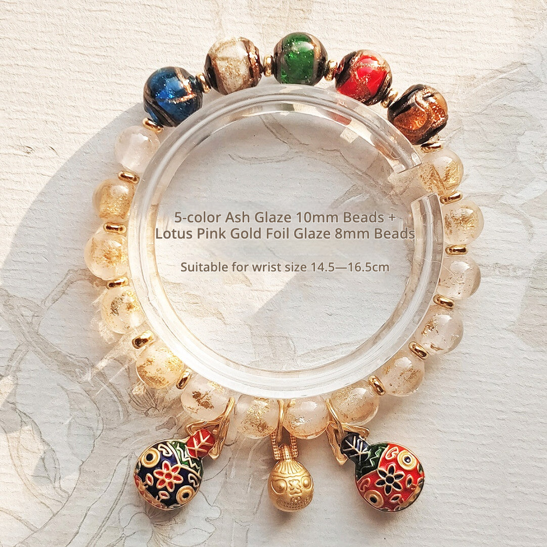 Beijing Temple Style Bracelet | Multi-Gem Gold Sand Glass & Amethyst | Five Blessings "Gold Swallowing Beast" | New Chinese Style