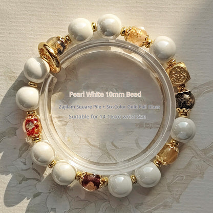 Panjiayuan Bracelet | Four-Color Gold Foil Glass & Light Blue Pearl Ceramic | Awakening Lion & Five Blessings Square Beads | New Chinese Style