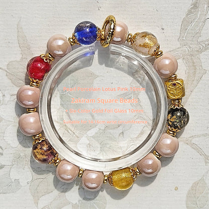 Panjiayuan Bracelet | Four-Color Gold Foil Glass & Light Blue Pearl Ceramic | Awakening Lion & Five Blessings Square Beads | New Chinese Style