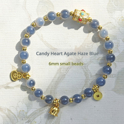 Sugar Heart Agate Bracelet | Half-Sugar Solid Color Small Beads | Beijing Temple Style | Exquisite Classic Design | 8mm Medium Beads, Blue