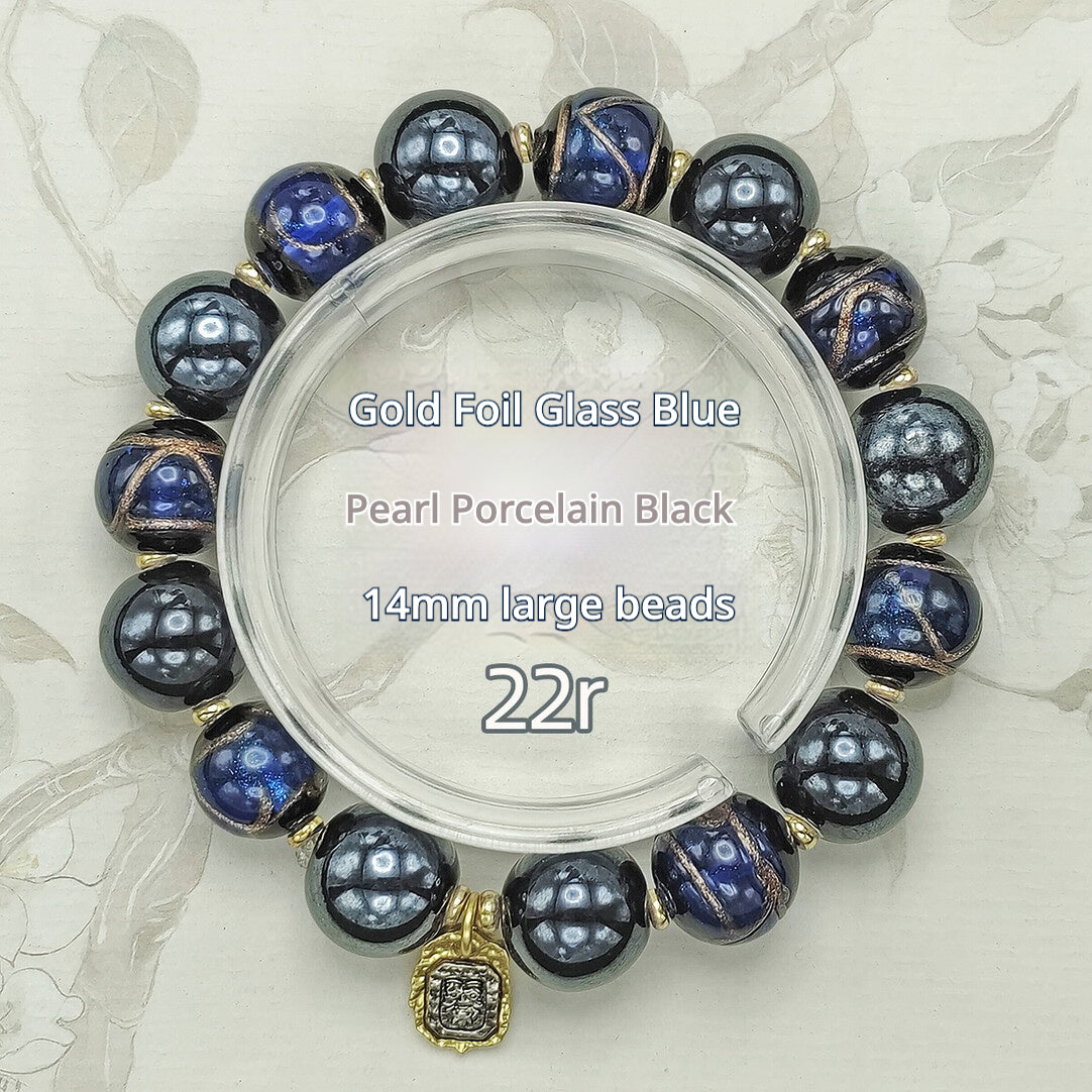 Beijing Temple Style Bracelet | Gold Sand Iridescent Ceramic & Blue Gold Foil Glass | Matte Black Porcelain Beads | Unisex Minimalist Design
