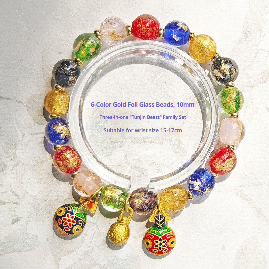 Beijing Temple Style Bracelet | Multi-Gem Gold Sand Glass & Amethyst | Five Blessings "Gold Swallowing Beast" | New Chinese Style